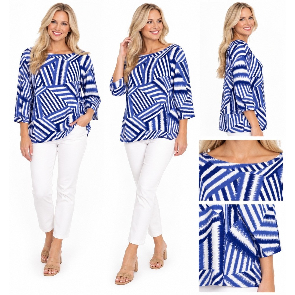 Ruby Rd Top 2X Geometric Favorites 3/4 Sleeve Boat Neck Ikat Coastal Nautical